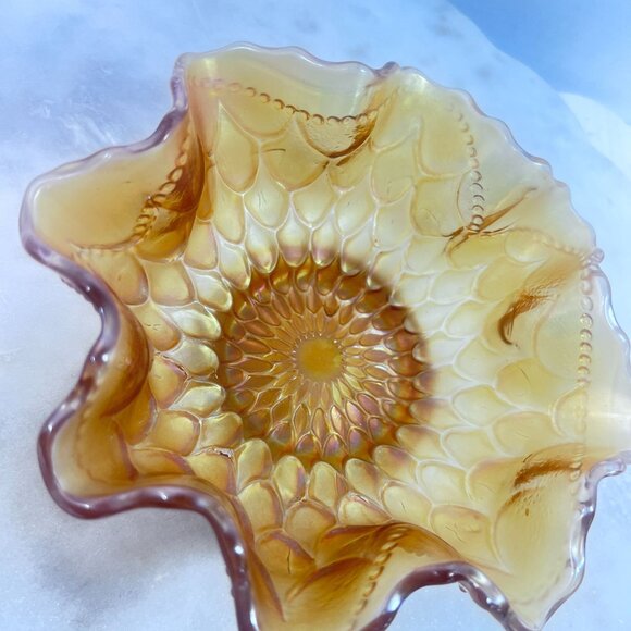 Vtg Dugan Amber Carnival Glass Bowl Ruffled Edge Peacock Tail Design Iridescent - Picture 2 of 8